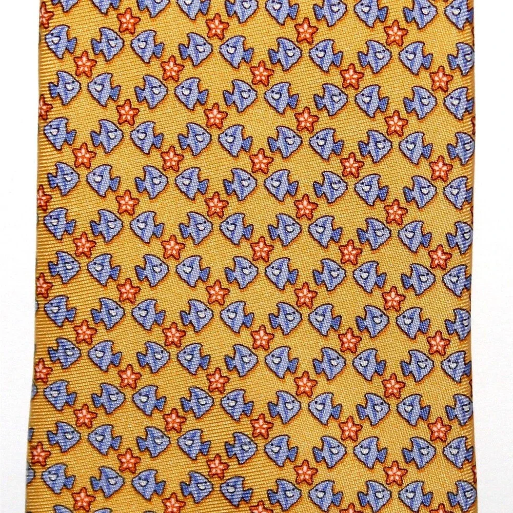 Tommy Hilfiger Necktie yellow blue fish starfish 100% silk sea ocean coast